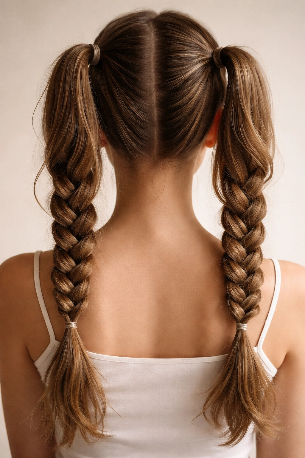 Braided double ponytails with textured plaits on each tail