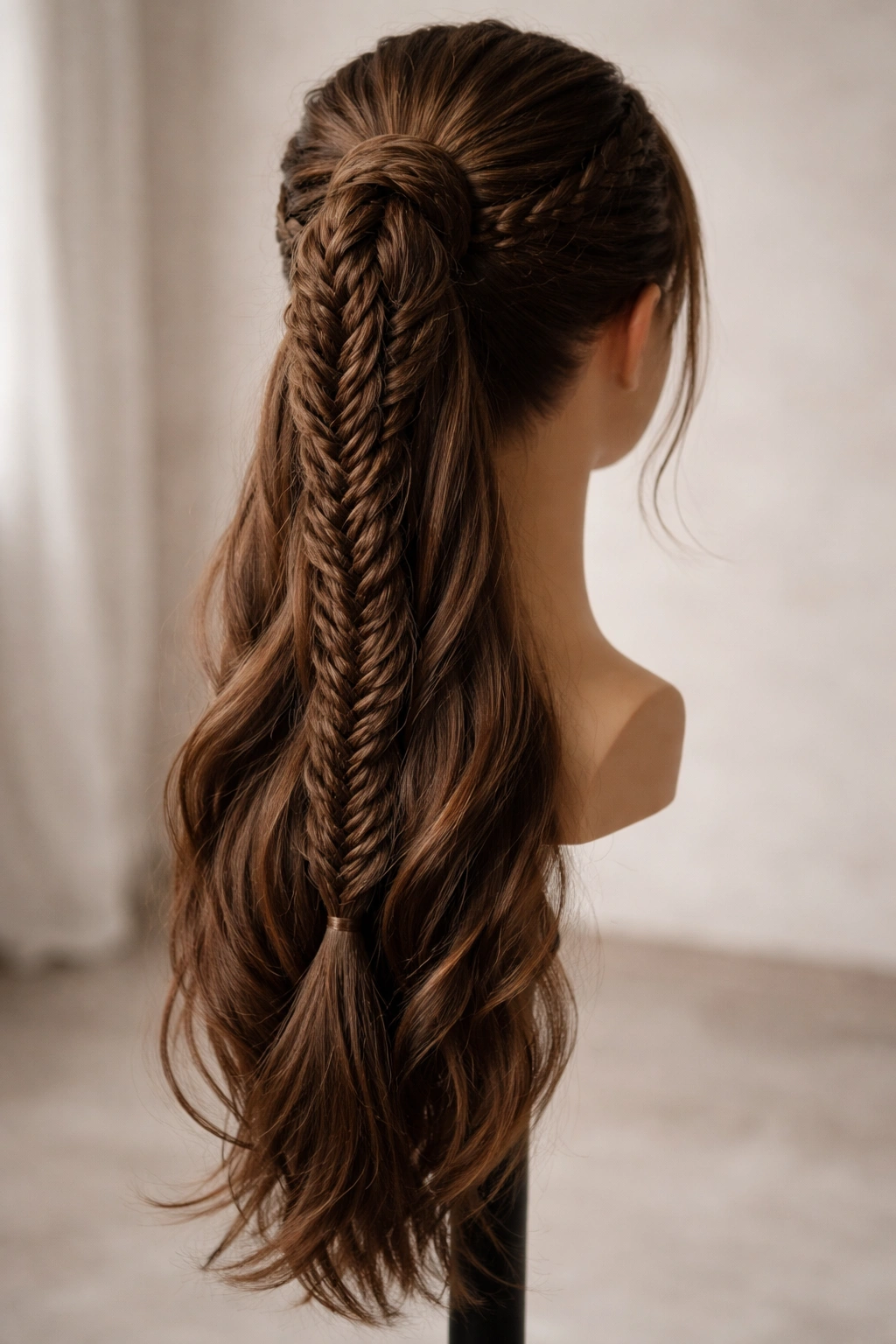Intricately braided extension ponytail on mannequin head