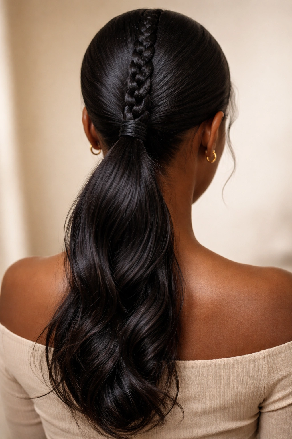 Back view of a braided low ponytail with a center braid.