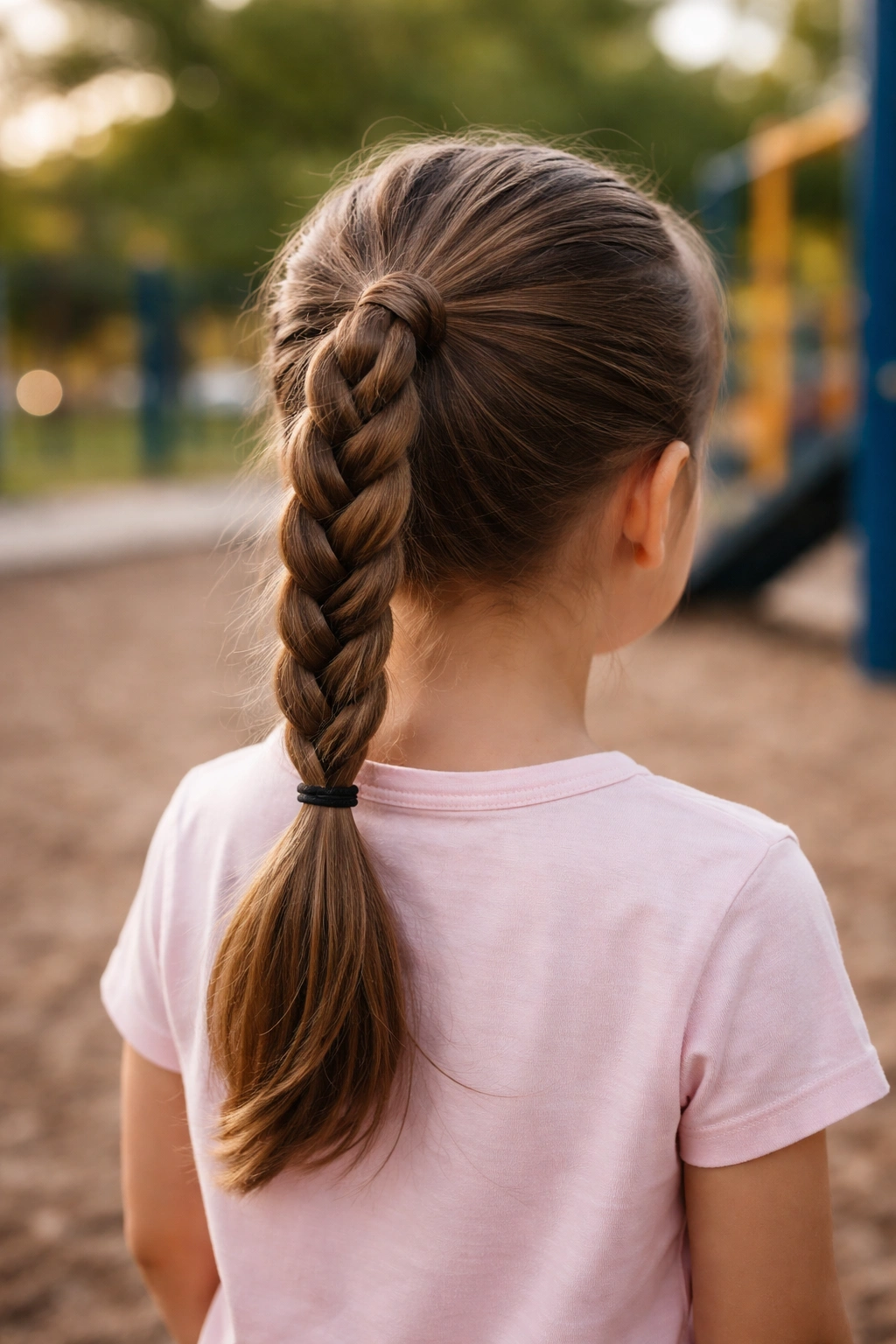 Close-up of a child's braided ponytail viewed from the back in an outdoor setting