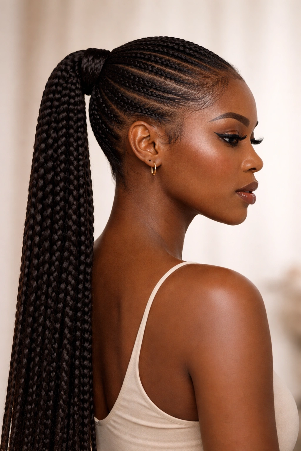 Profile of a Black woman with a braided ponytail in a neutral studio setting