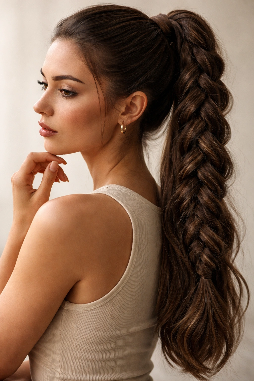 Single person with a long braided ponytail in a contemplative pose against a neutral studio backdrop