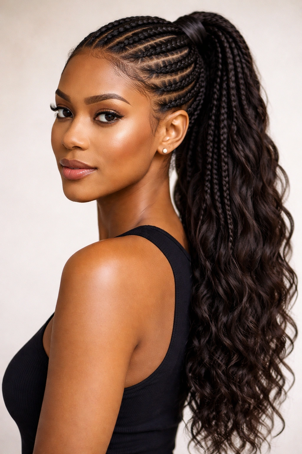 Braided ponytail with multiple small braids feeding into a single ponytail.