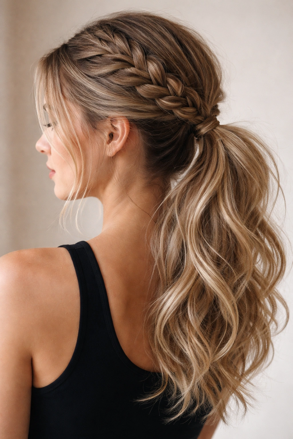 Close-up of a braided crown feeding into a loose textured ponytail, no text