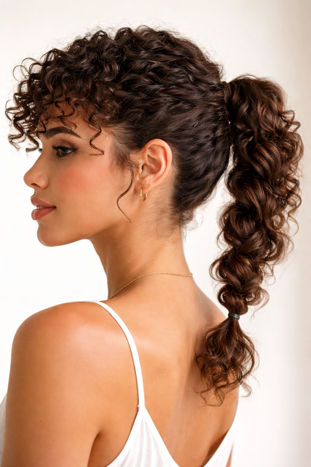Braided ponytail showing a loose braid woven into curly length