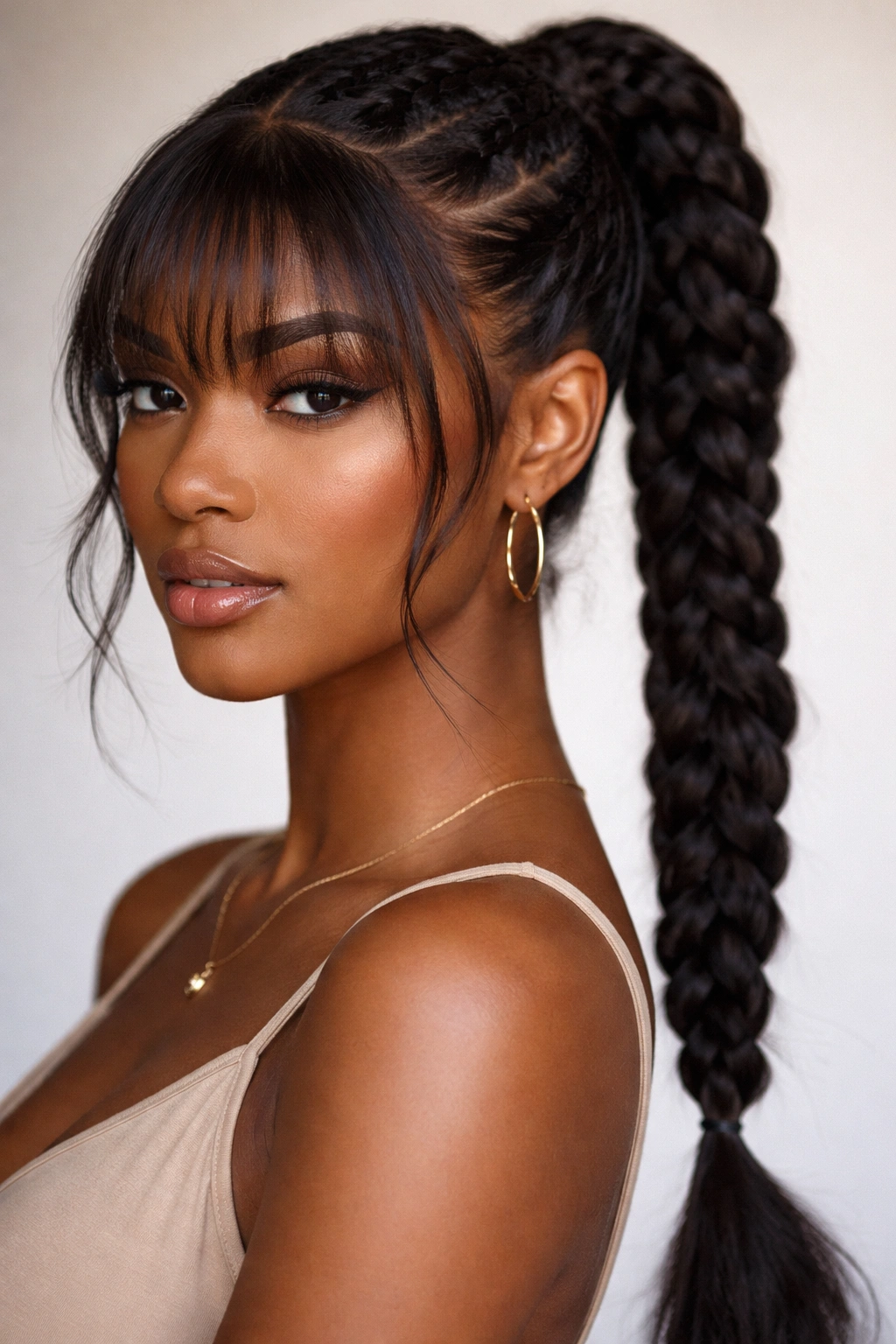 Braided ponytail with textured bangs on a Black woman, textured braid and fringe