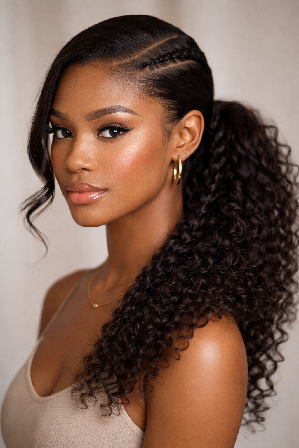 Braided side ponytail on textured hair with natural volume