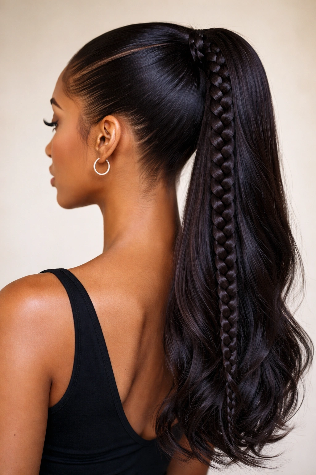 Center-braided V-part ponytail with crown V-part framing