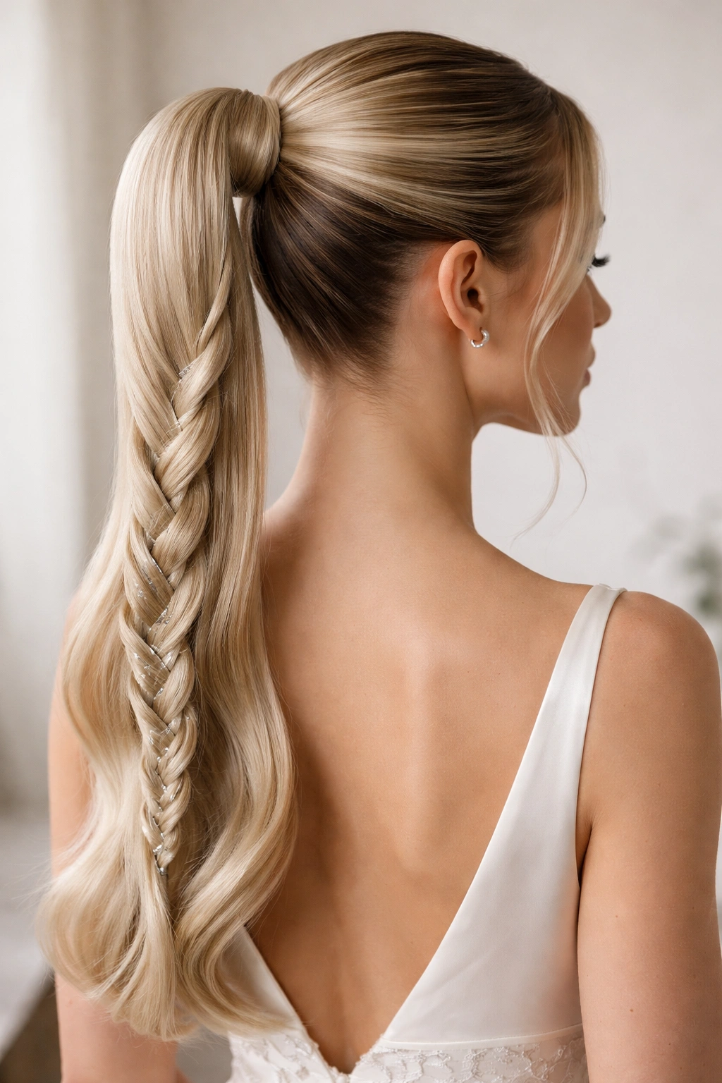 Close-up of a high sleek ponytail with a braided tail and ribbon detail