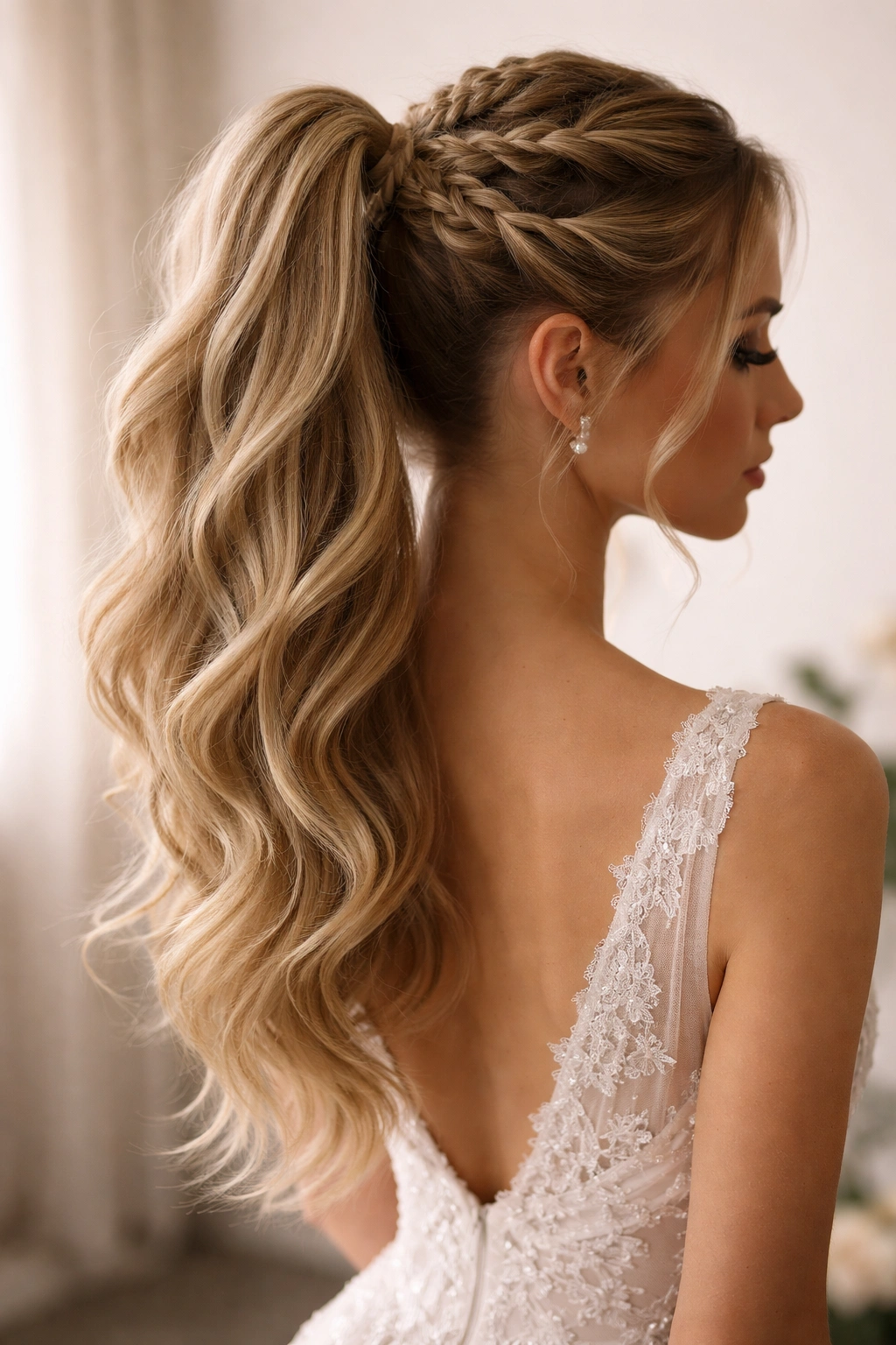 Bridal high ponytail with braided twists integrated