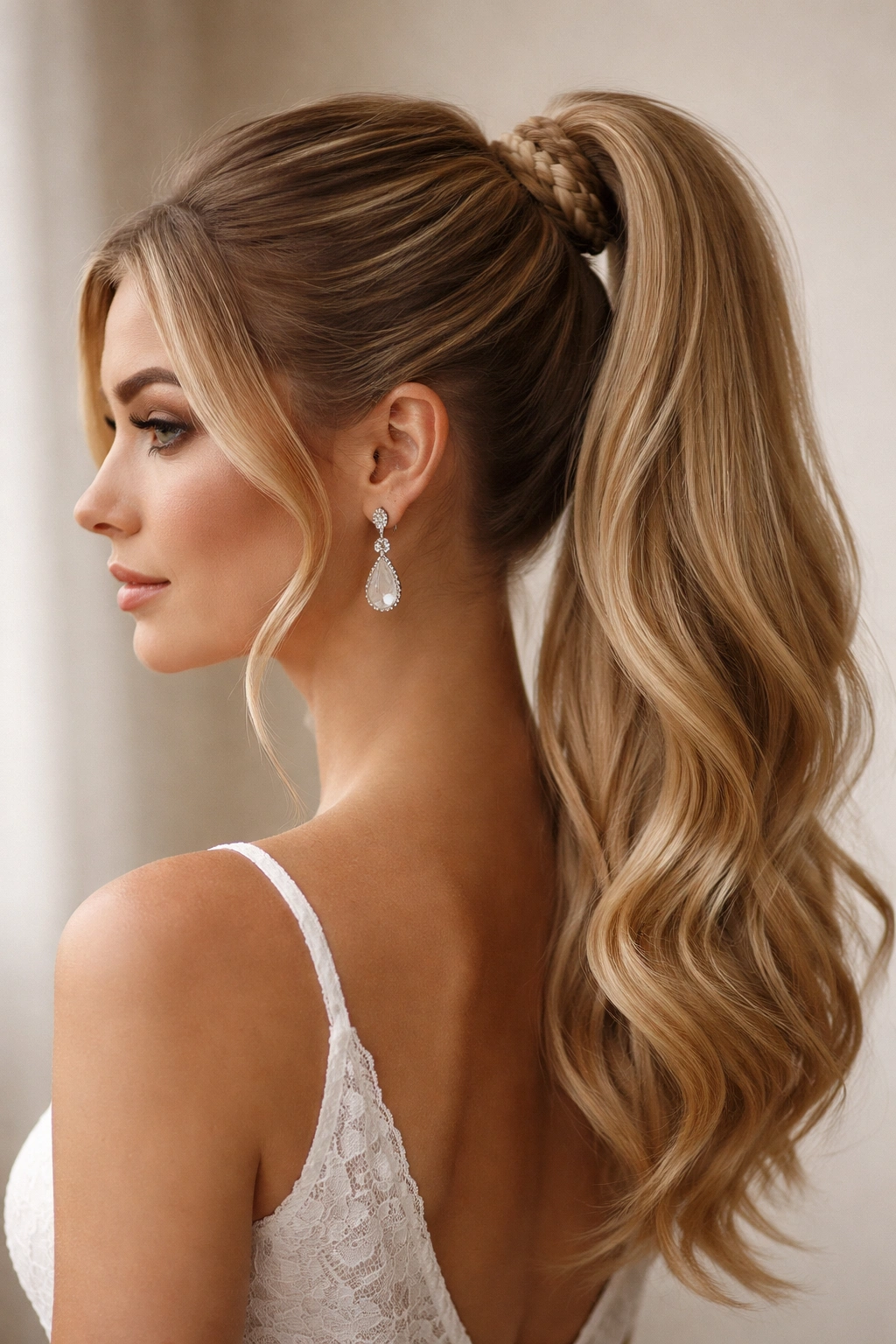 High ponytail with braided detail integrated at the base