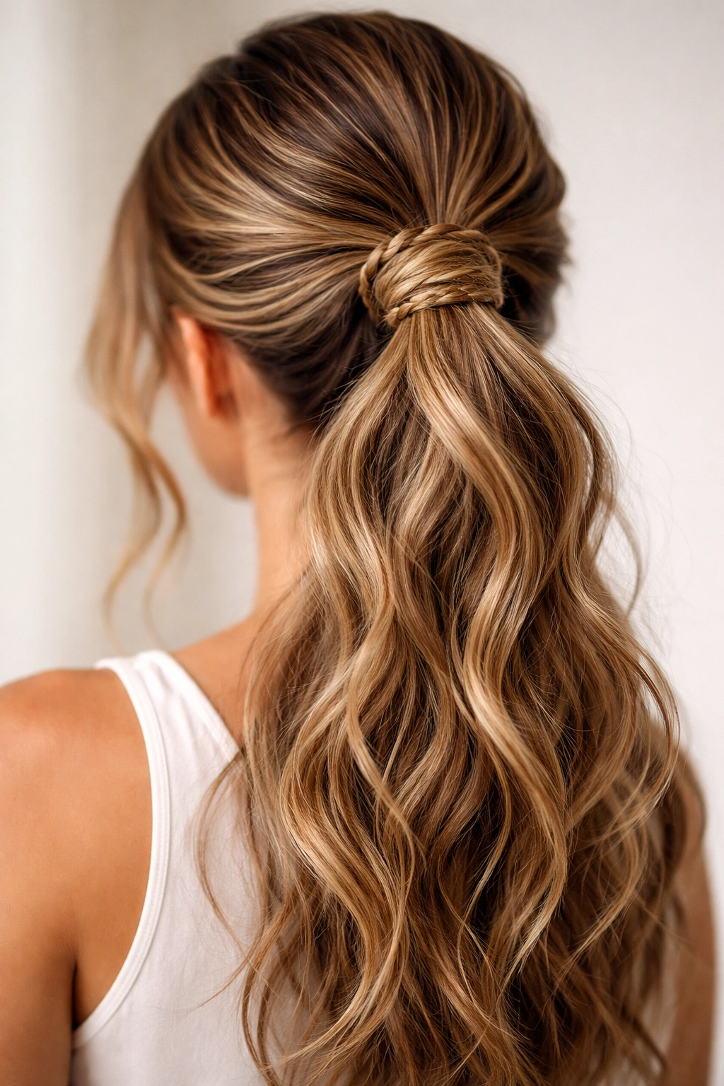 Ponytail with a small braid wrapped around the elastic on wavy hair
