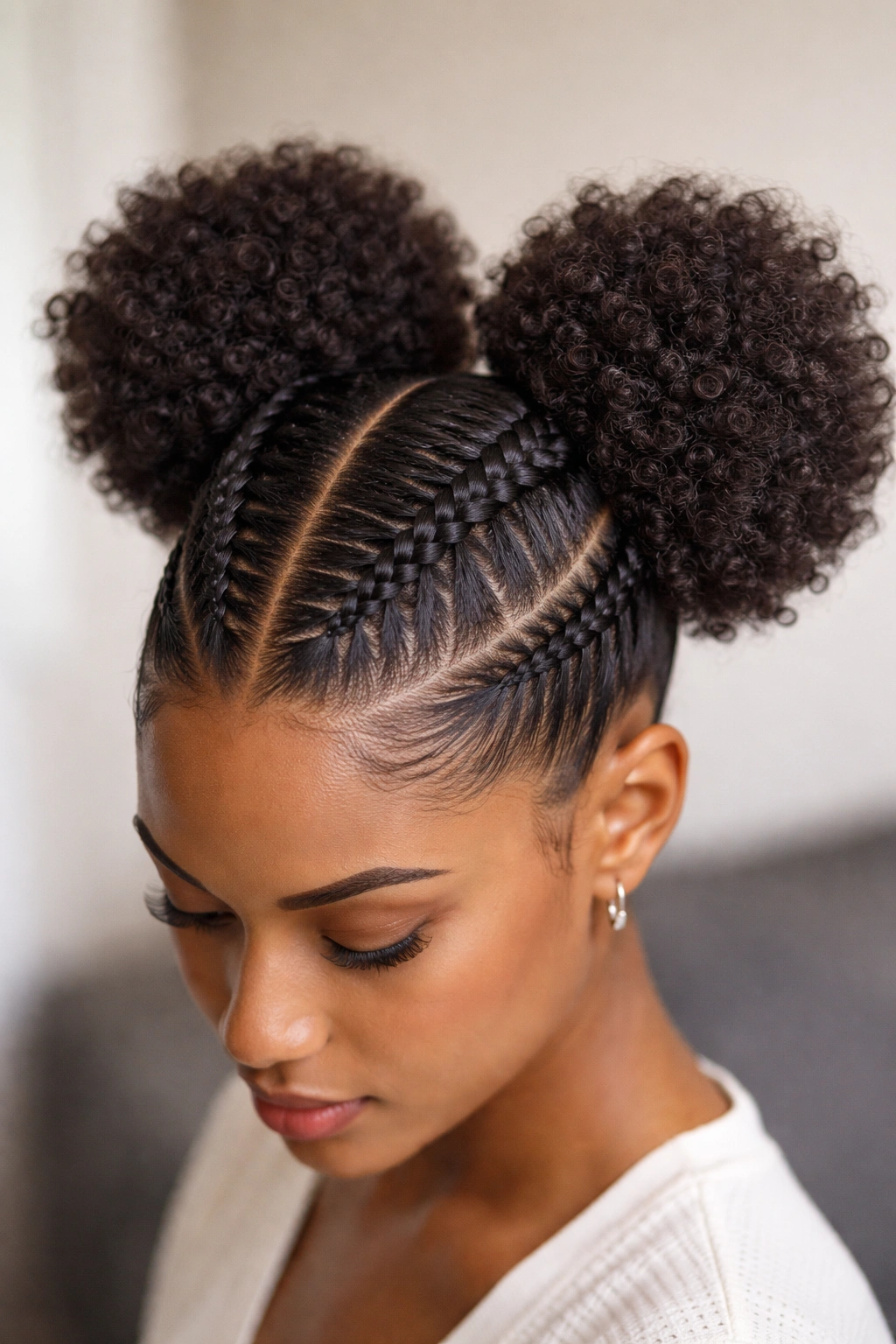Puff sitting on braided base along center part, showcasing braid texture.