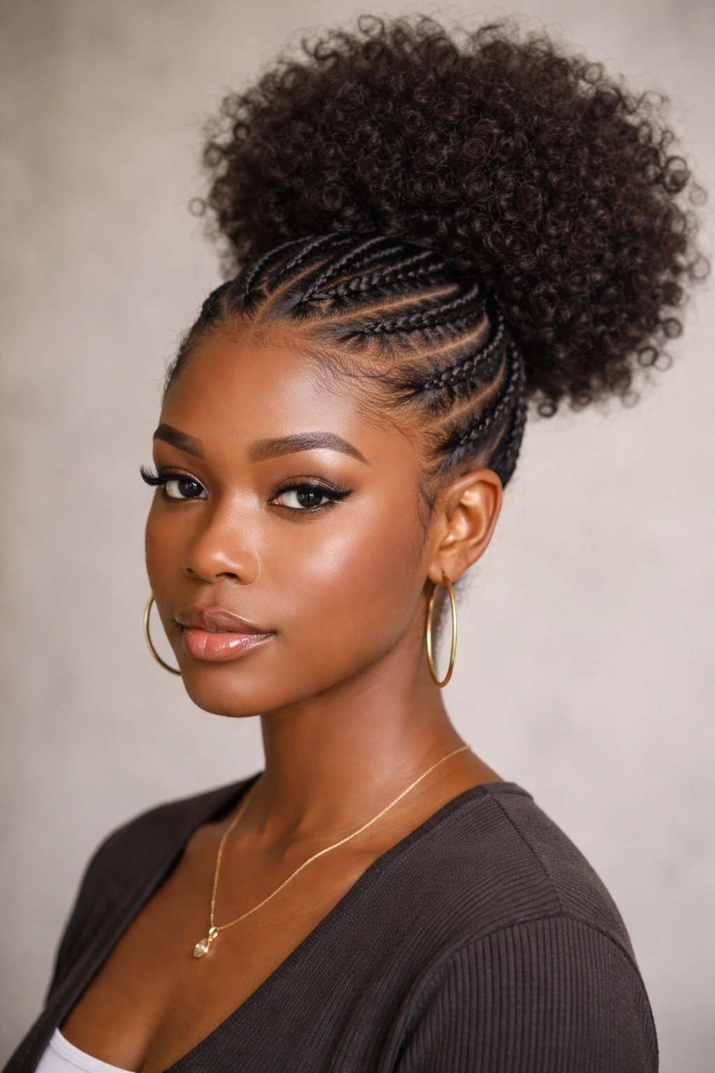Braids converging into a crown puff at the top of the head