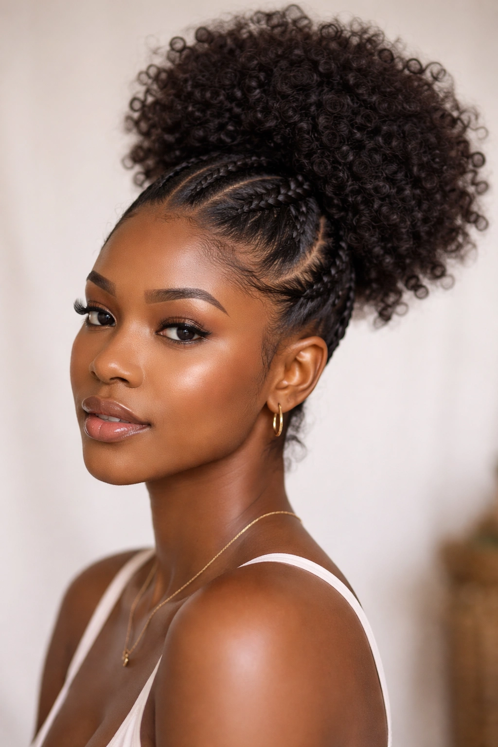 Braided high puff ponytail with braids feeding into crown
