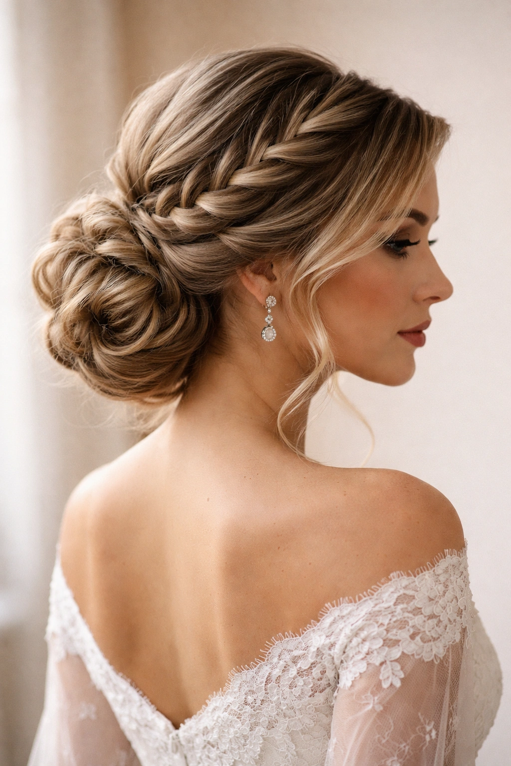Voluminous braided side bun with a thick, textured braid merging into a side bun