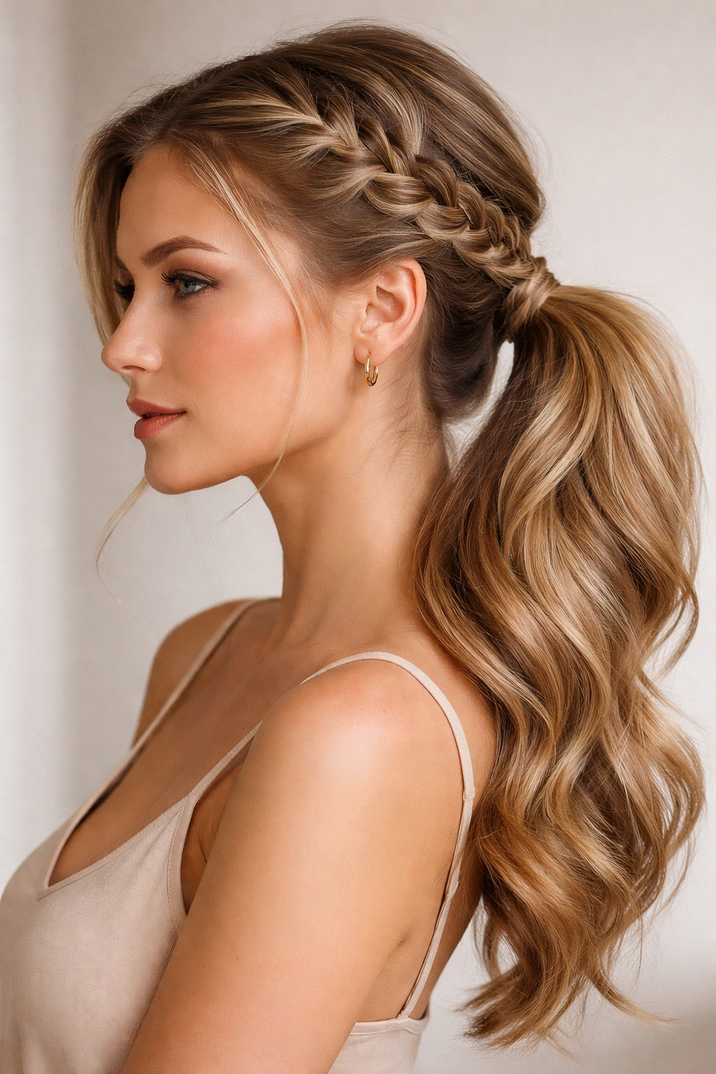 Side pony with an integrated braid along the temple creating a decorative detail.
