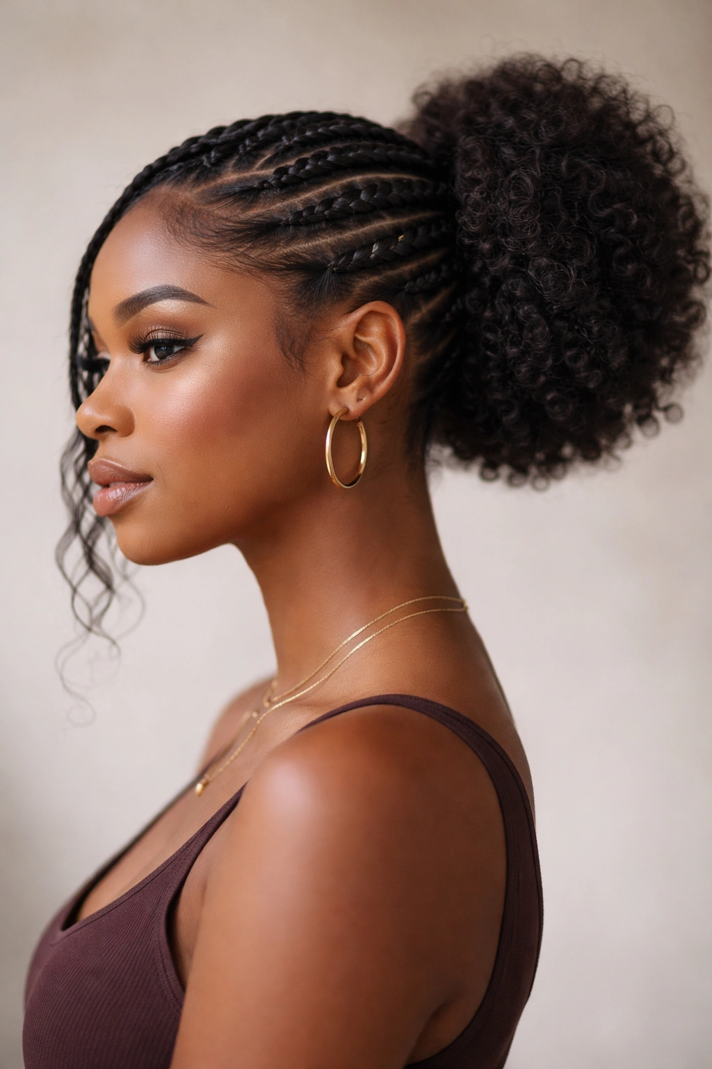 Side-angled braided puff hairstyle with off-center crown.