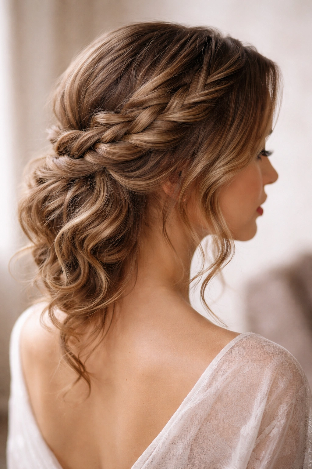 Side-swept loose braid on wavy hair with natural texture