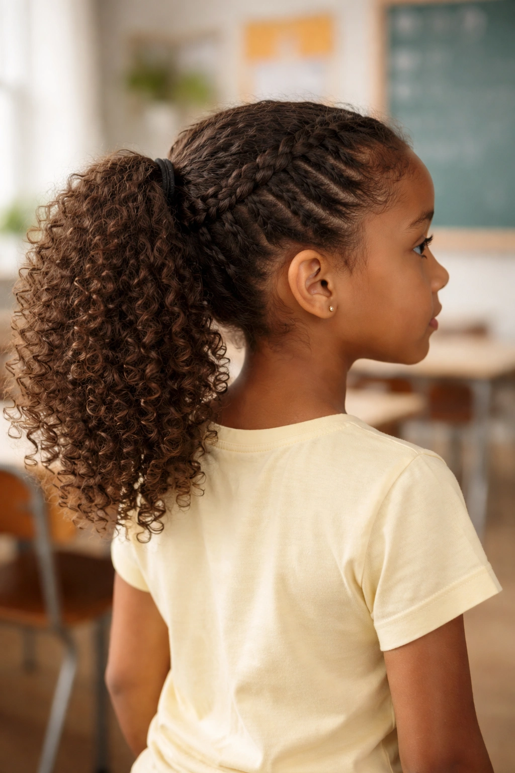 Curly hair with braids on the sides pulled into a back ponytail