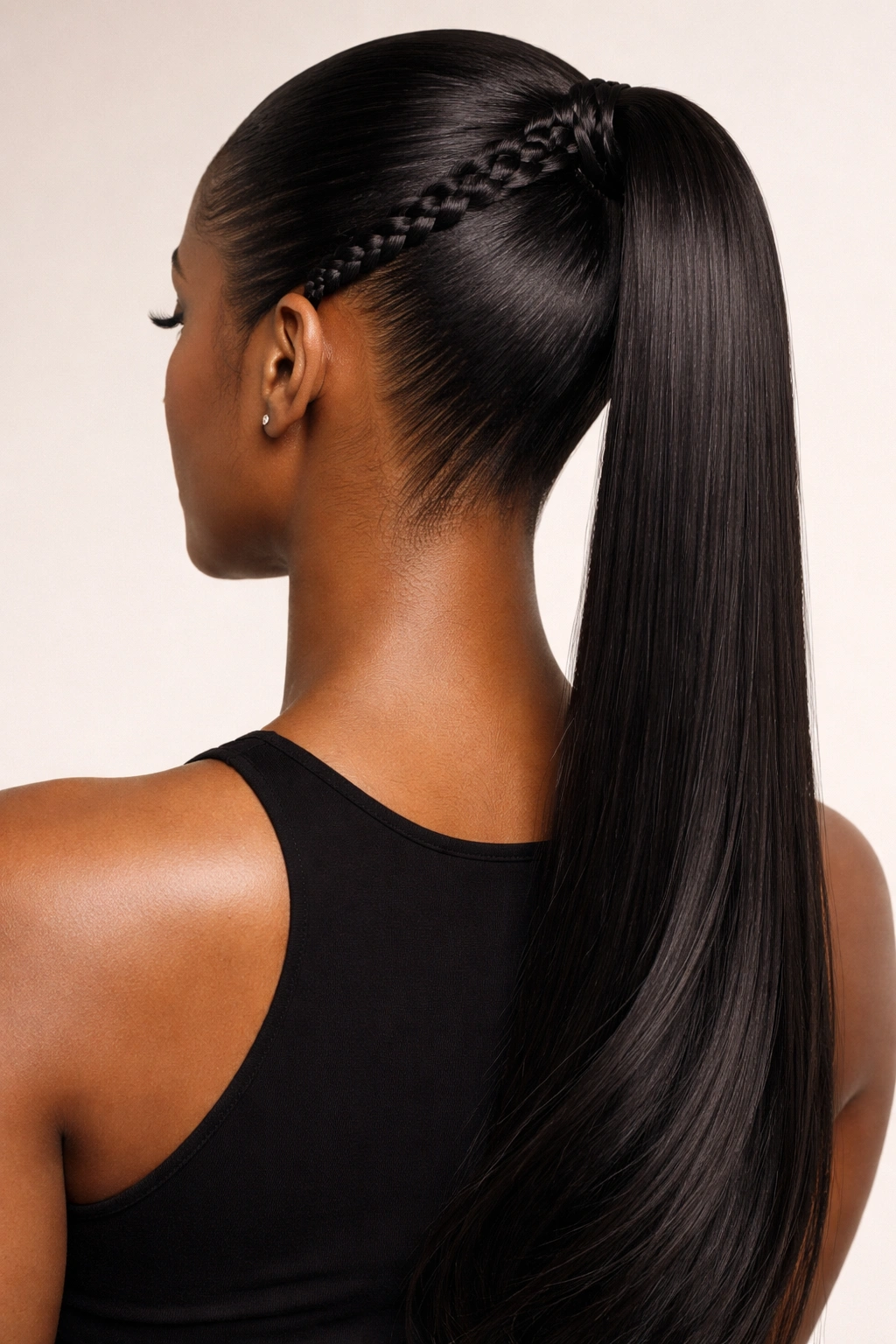 Back view of braided sleek ponytail with braid starting at hairline