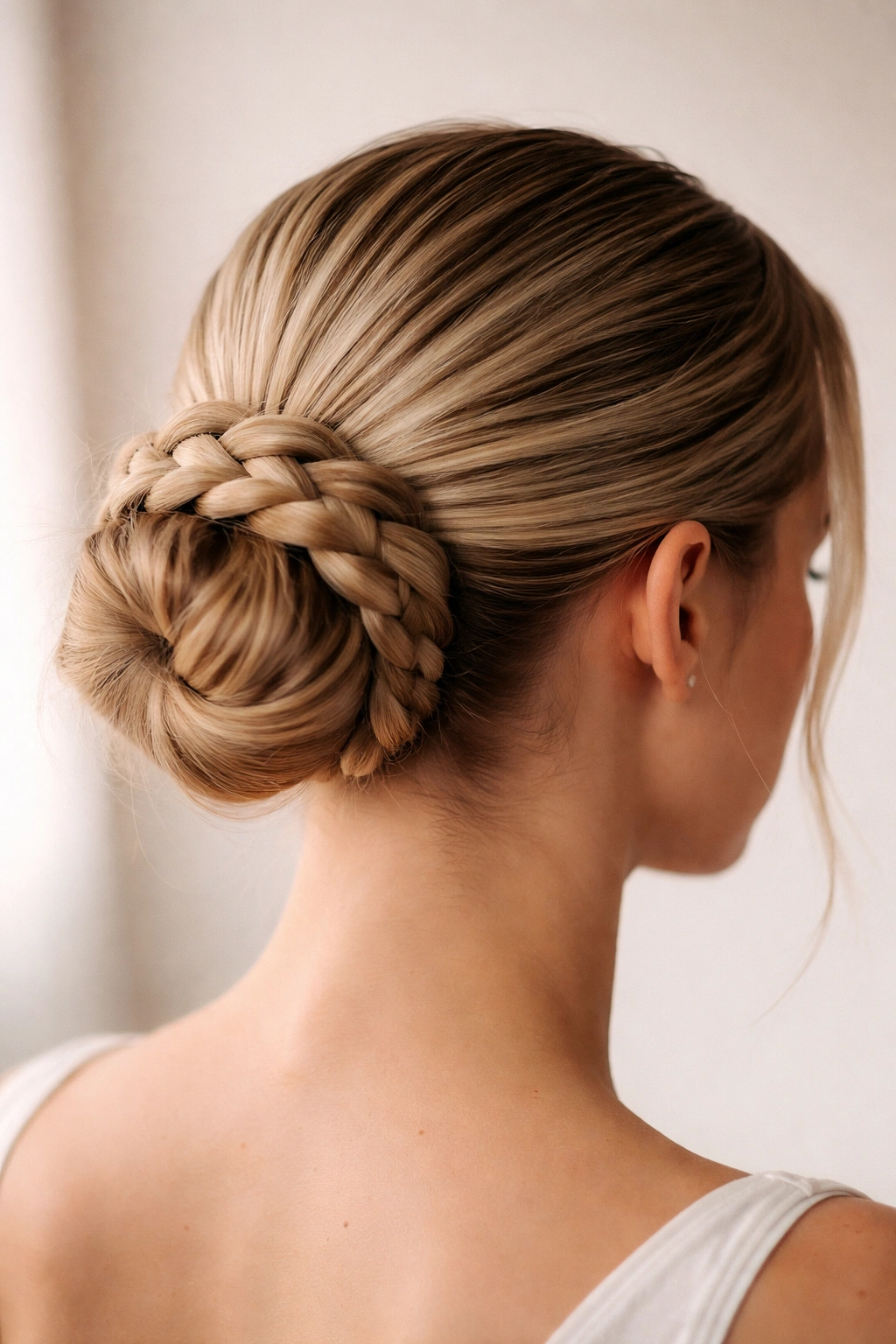 Braided slicked-back bun showing an integrated braid