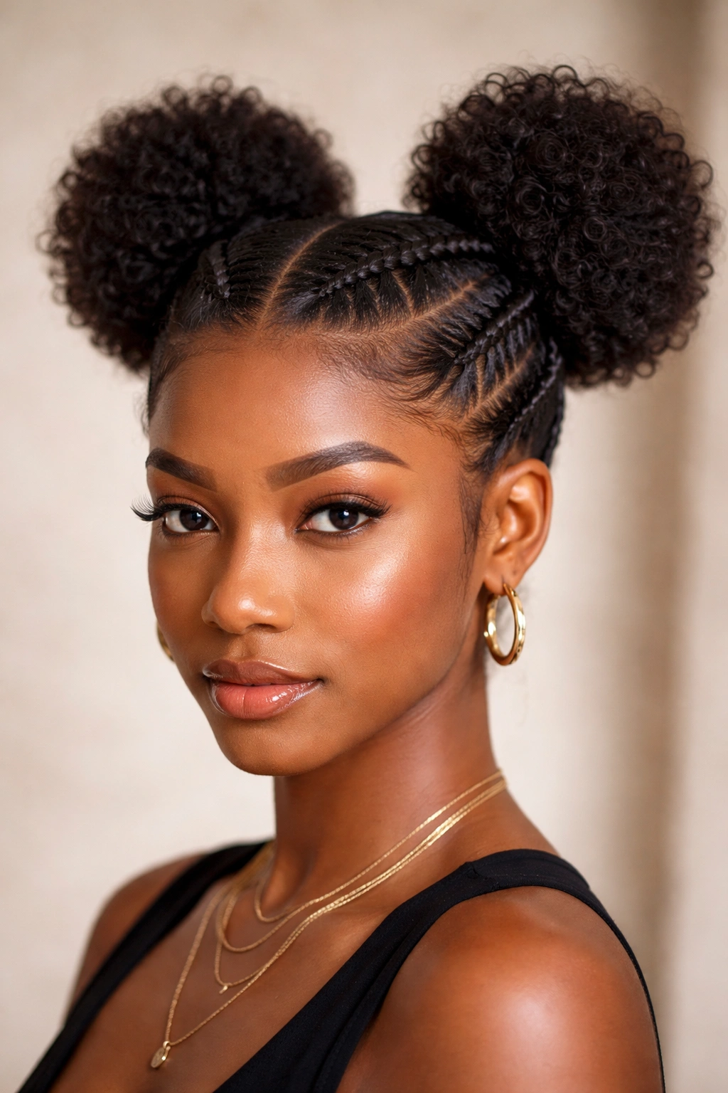 Close-up of braided base space buns with cornrow foundation on natural Afro hair