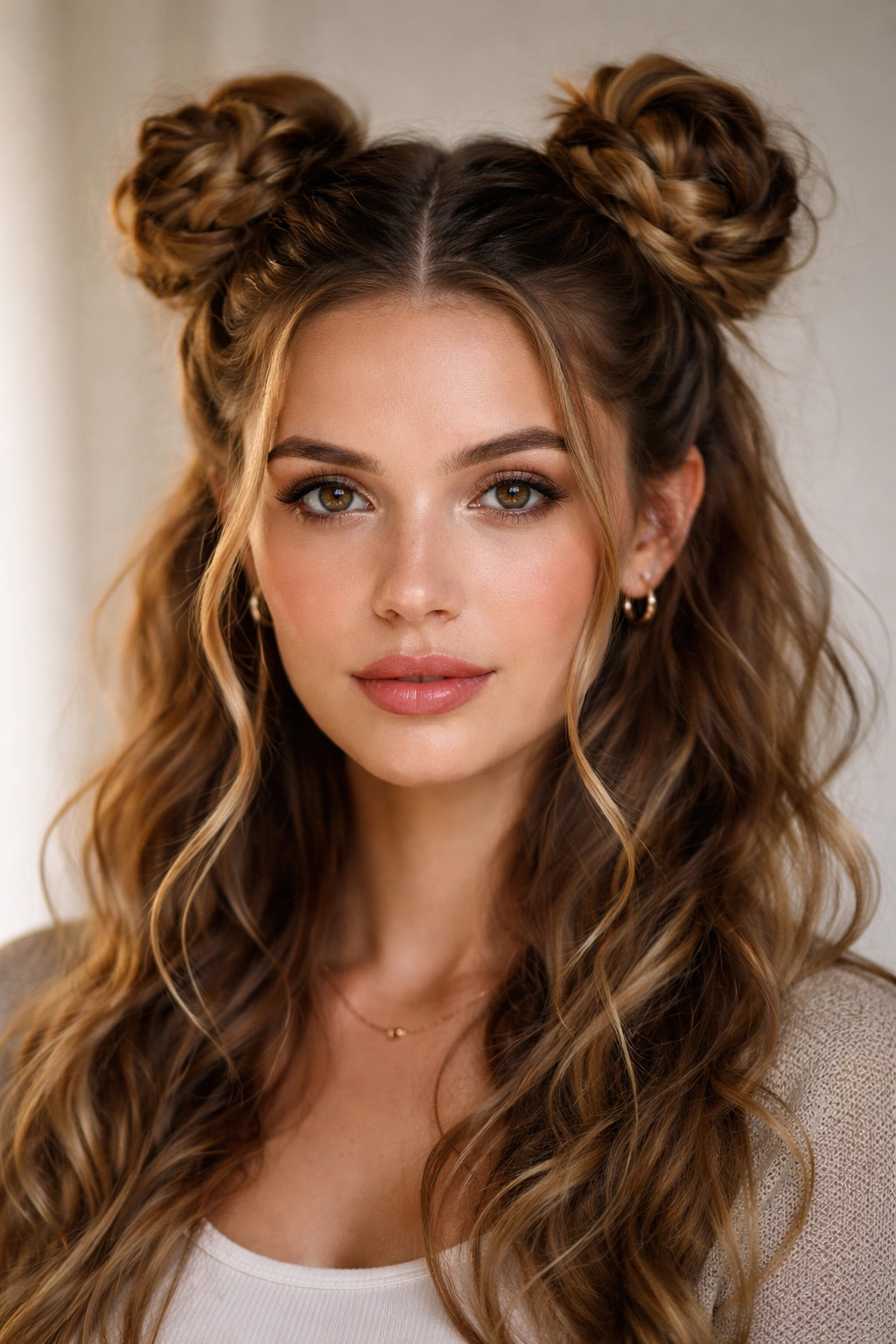 Braided space buns with loose braids and waves