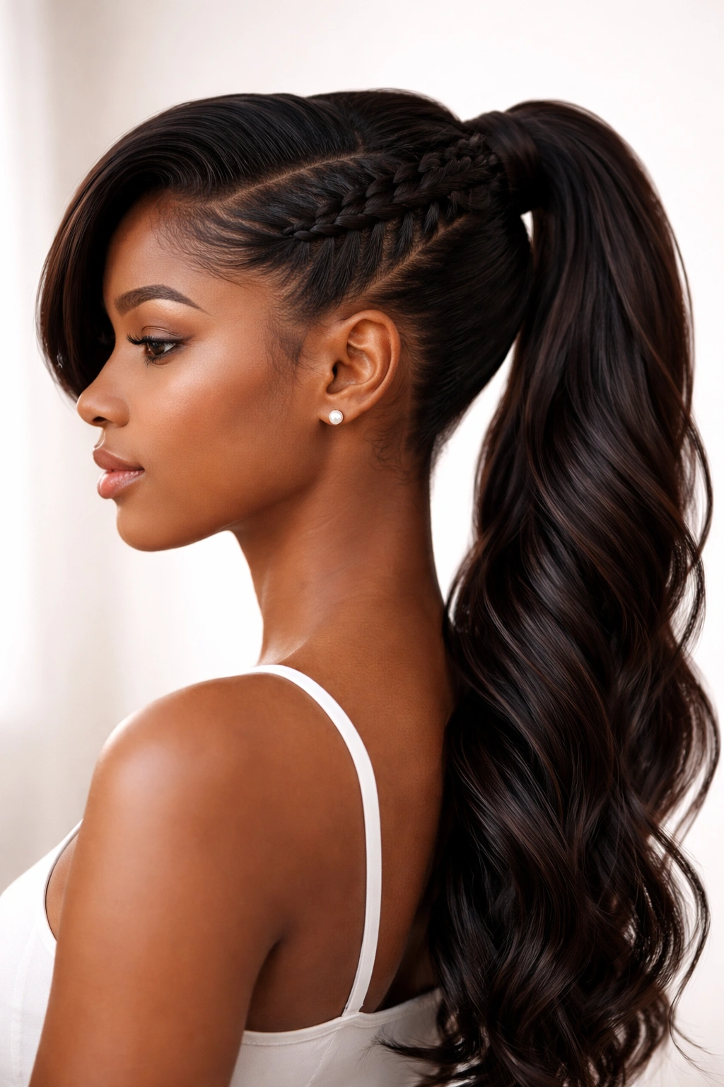 Braided Swoop Ponytail with temple braid feeding into the ponytail.