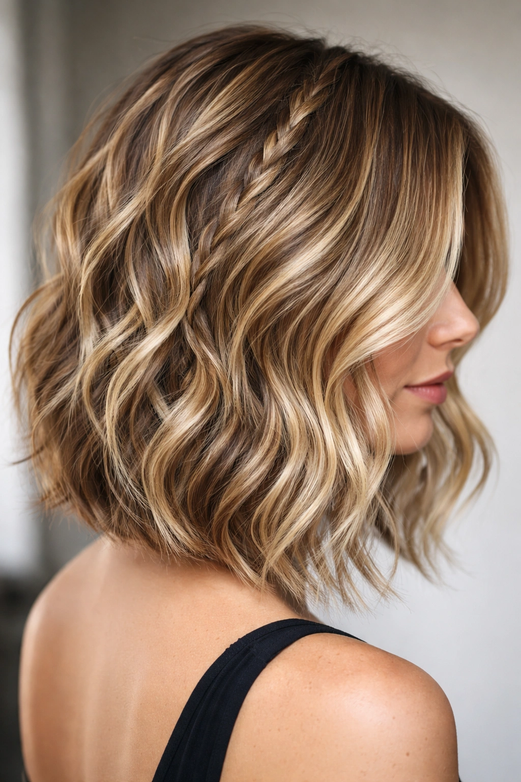 Close-up of braided texture lob hairstyle with woven layers and soft waves