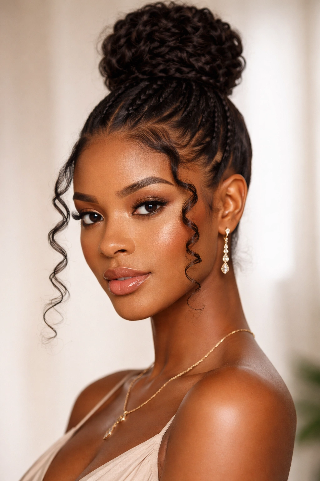 Braided topknot with face-framing coils hairstyle