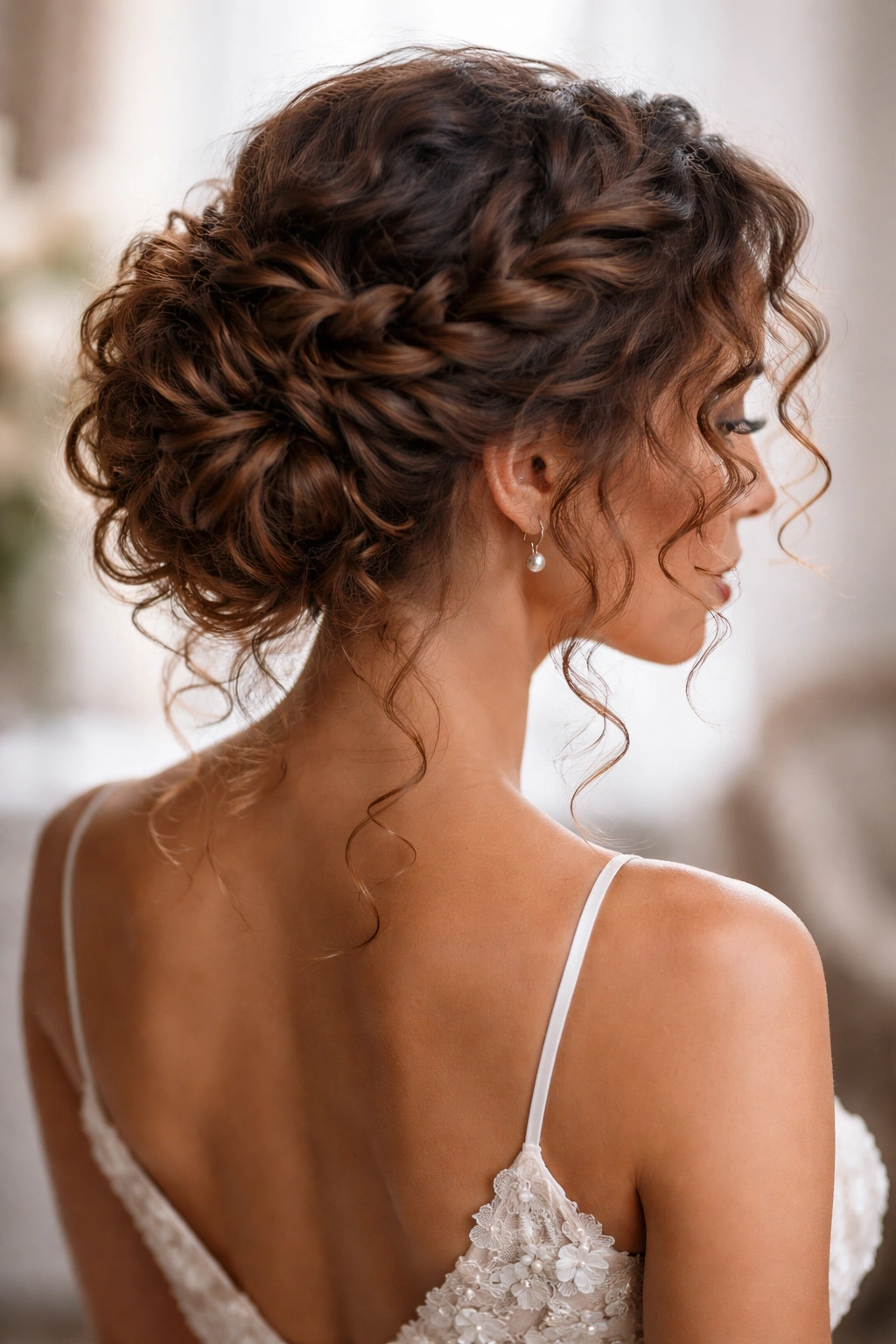 Romantic braided updo with visible braids forming a soft bun