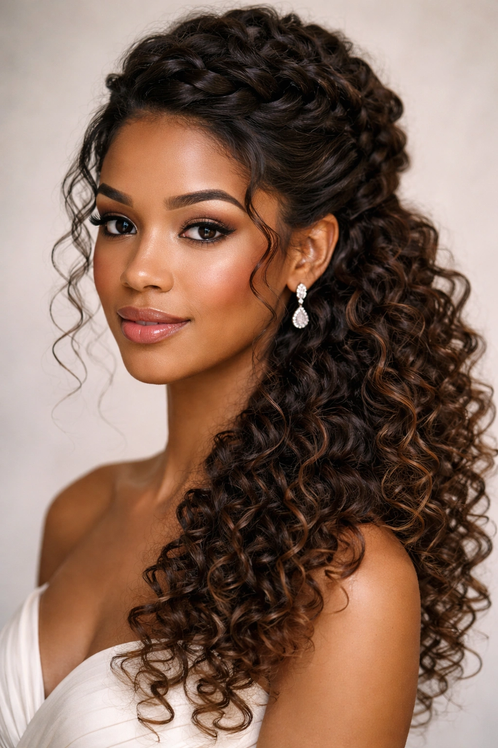 Braided updo with curls cascading down and defined textures.