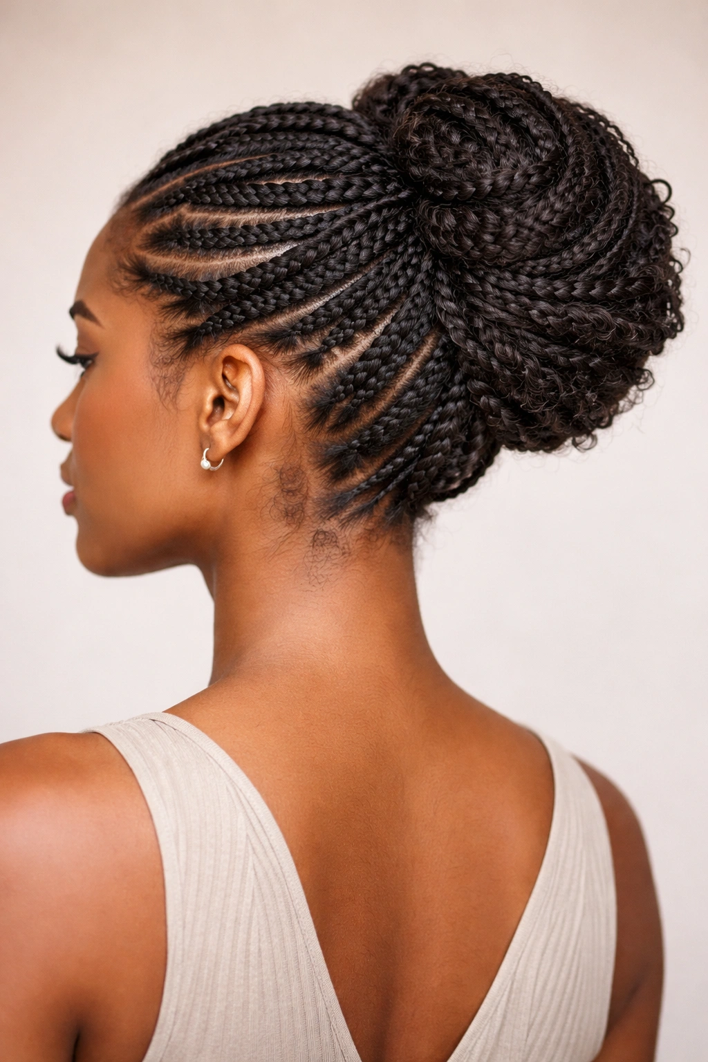 Intricate braided updo with polished, sculpted back