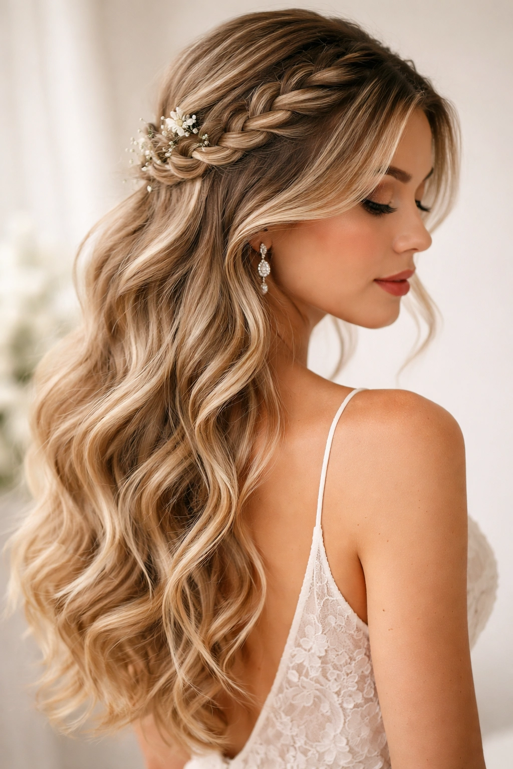 Side braid integrated into soft waves in a bridal hairstyle.