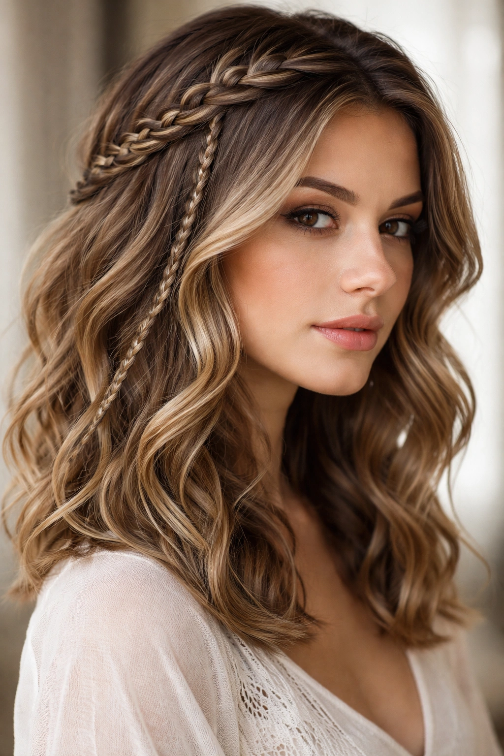 Close-up of braided crown weaving through soft waves on a model's hair