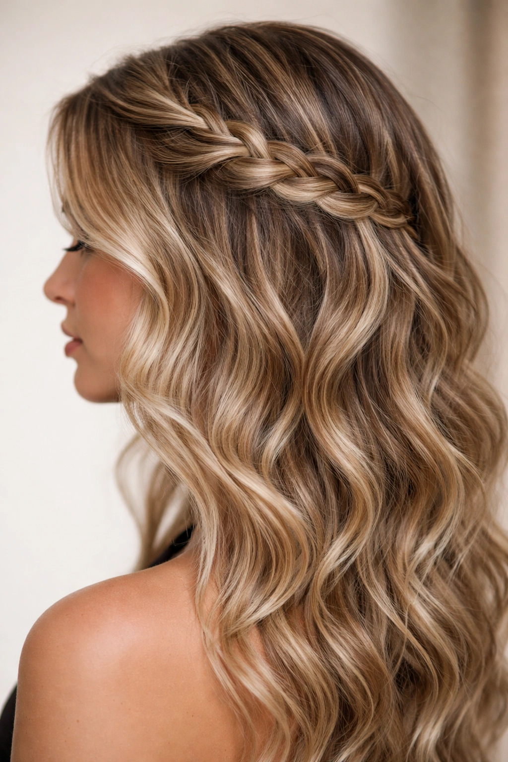 Close-up of braided wave combination hairstyle featuring a Dutch braid woven through loose waves