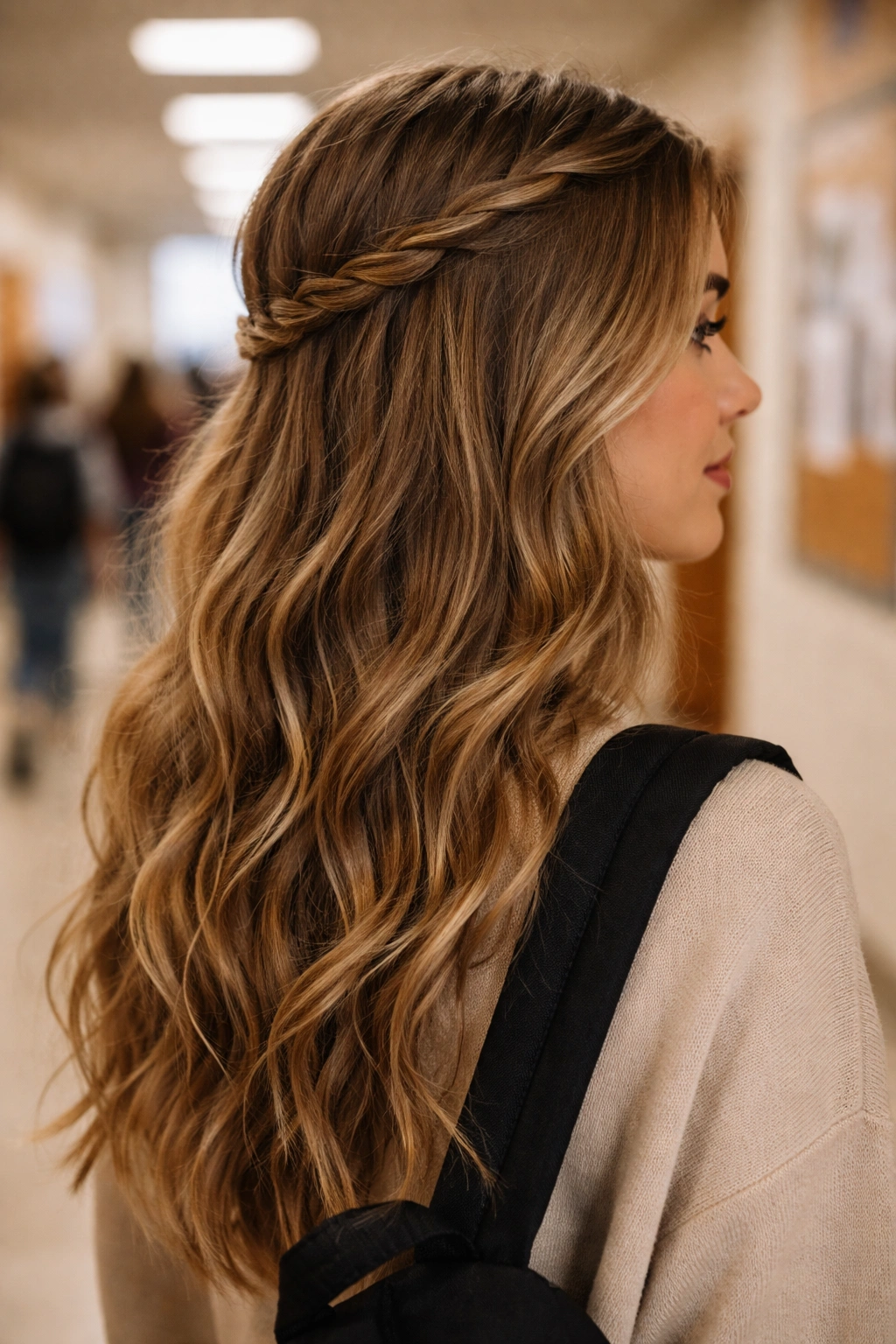 Half-up braided waves on a student in a school corridor
