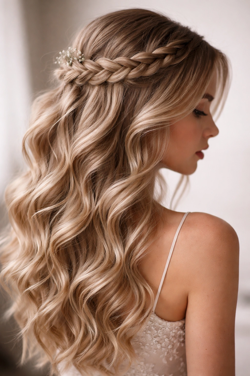 Wavy hair with a delicate crown braid for prom