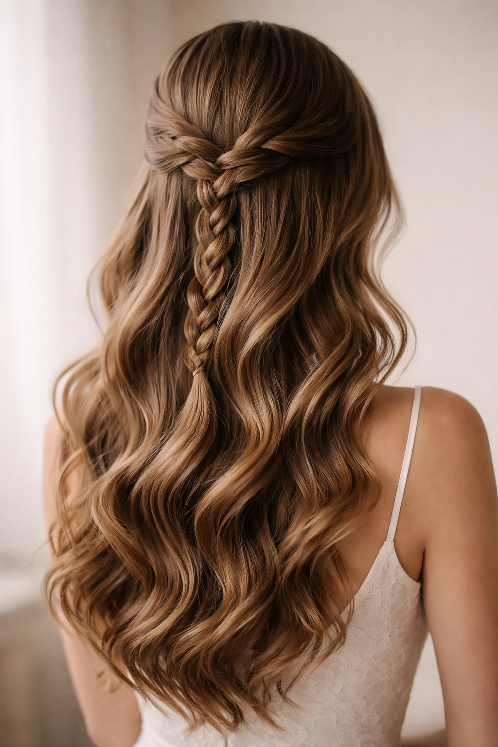 Close-up of braided detail wavy hairstyle with a thin three-strand braid woven into soft waves