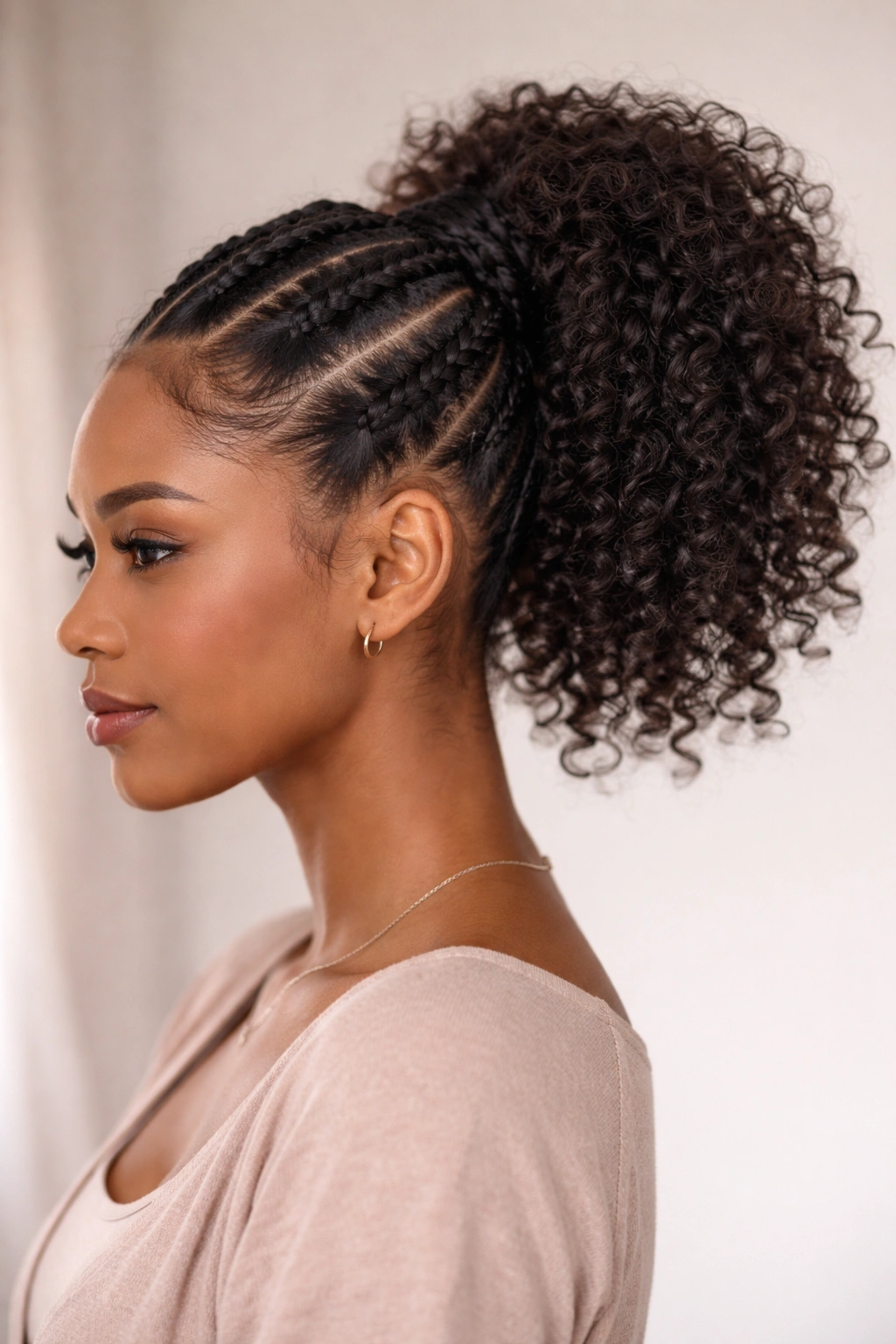 Close-up of braided weave high pony with three-strand braids on short curly hair