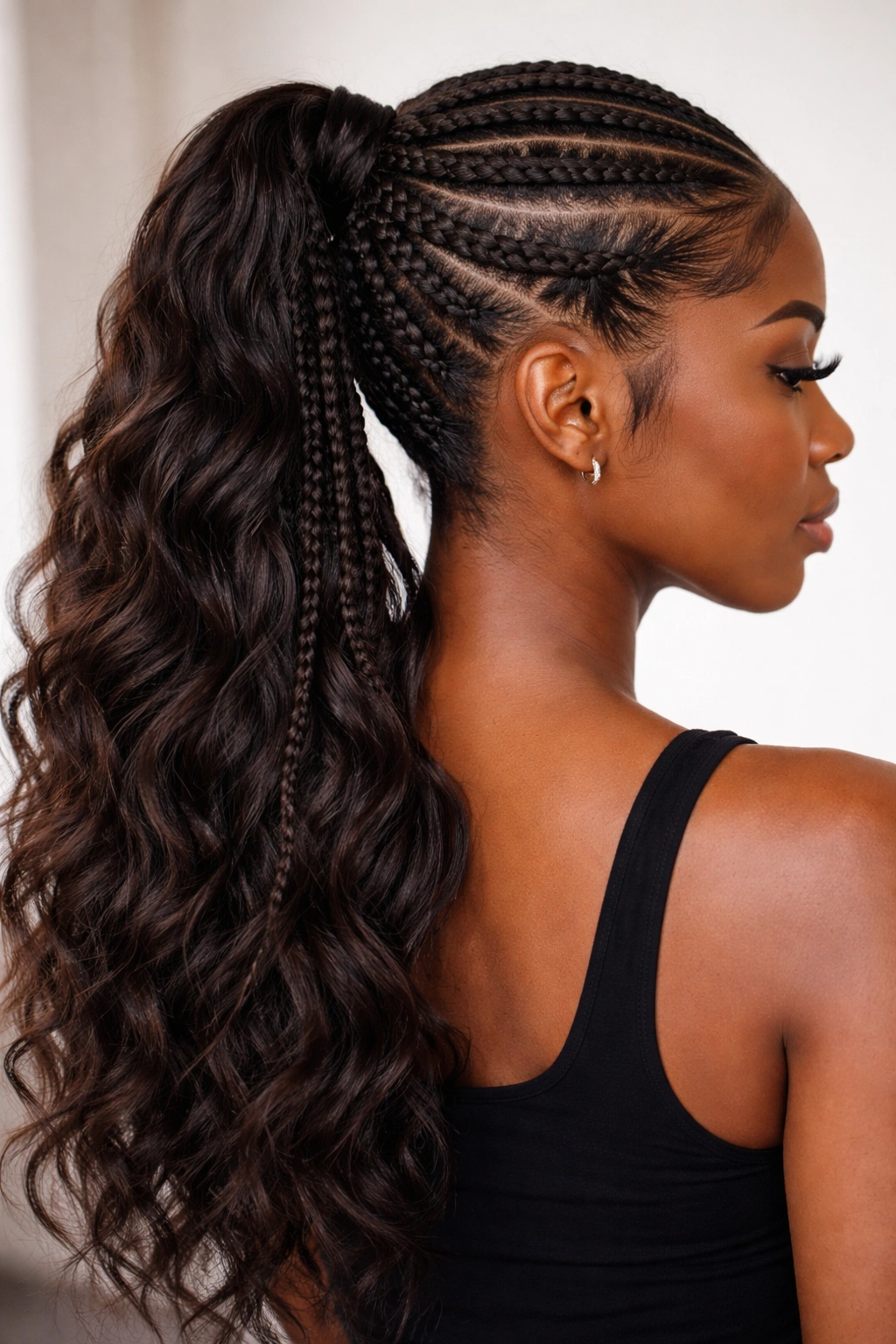 Braided weave ponytail with mixed braids for dimensional texture