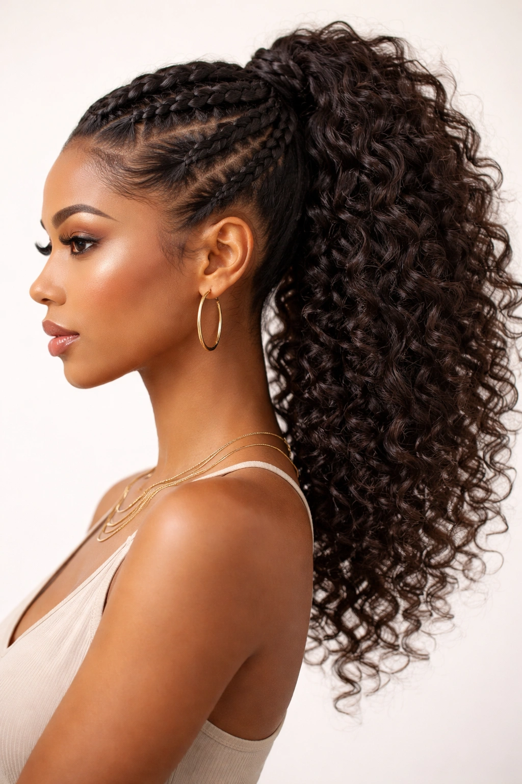 Side view of braided high weave ponytail with visible braid texture
