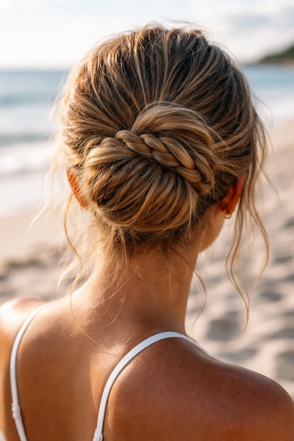 Close-up of a braided wrap bun with loose texture at the beach
