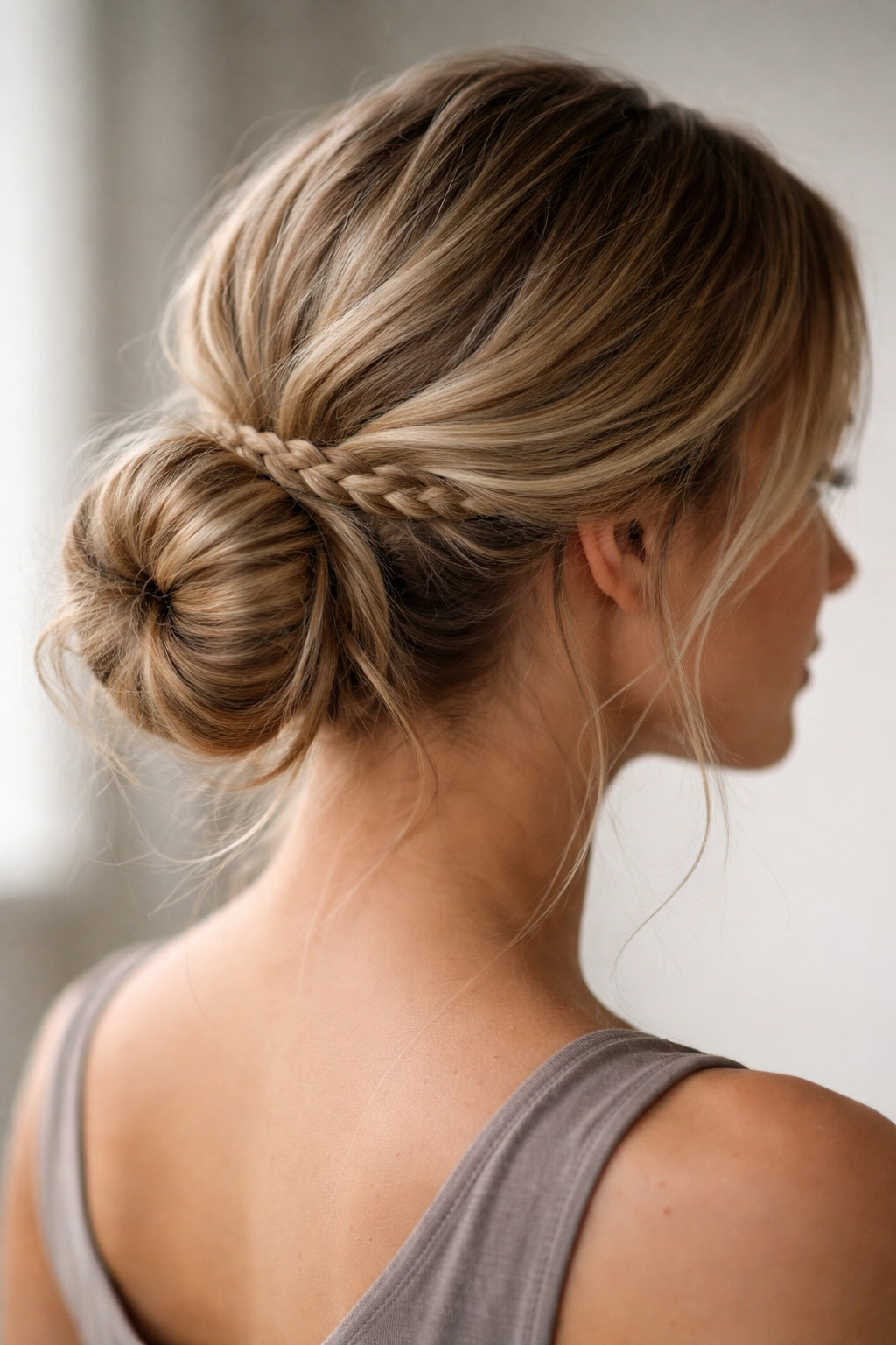 Low bun with a thin braided wrap around the base