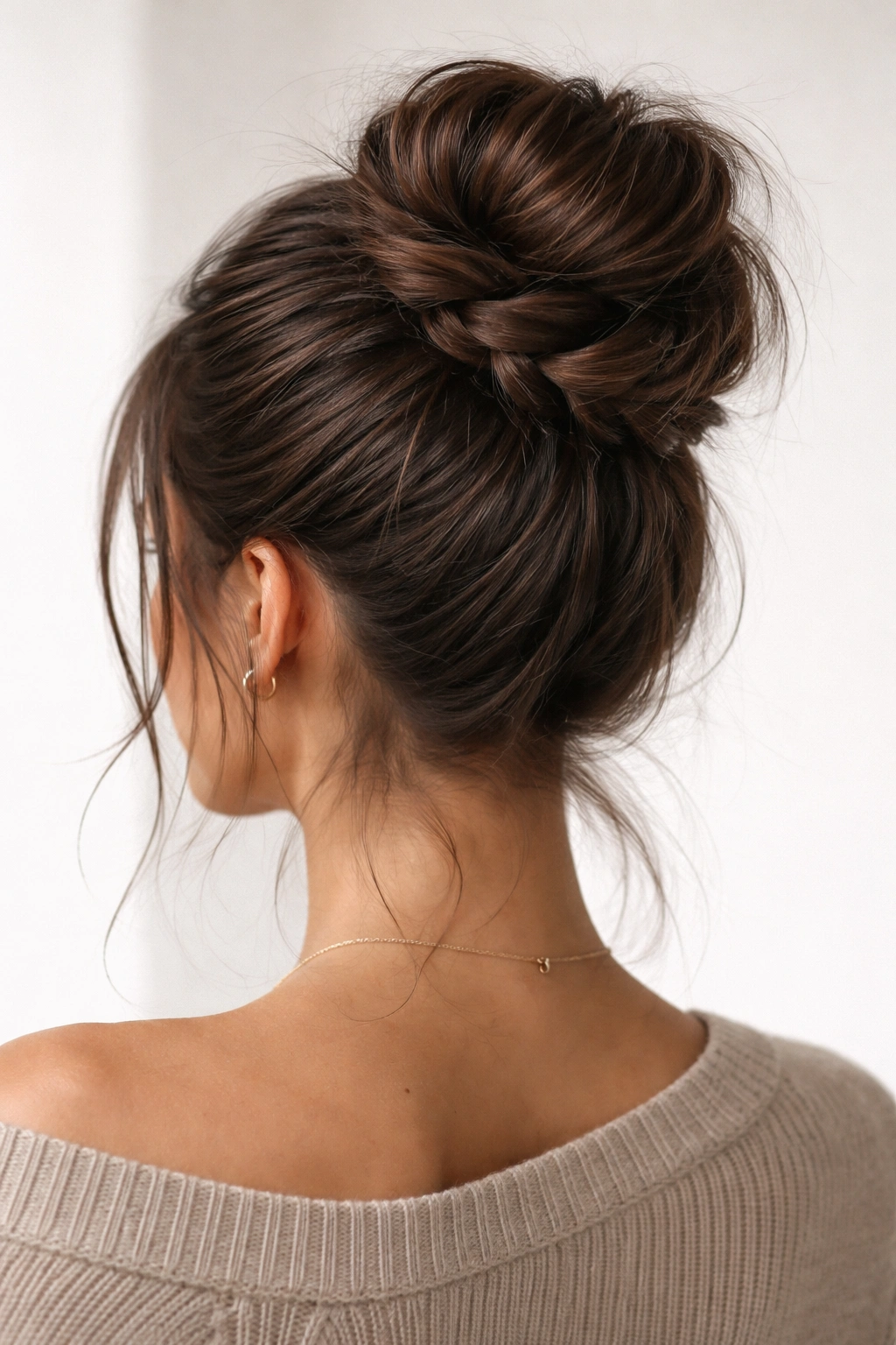Brunette with a high bun wrapped by a loose braid around the base