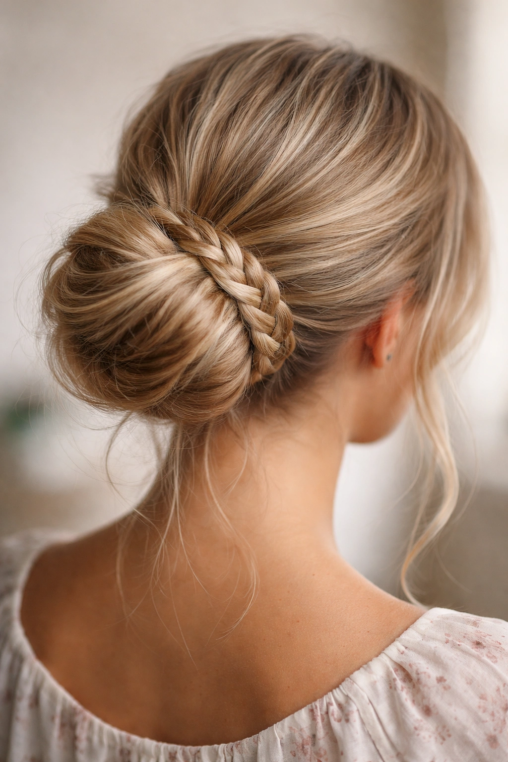 Close-up of braided wrap around the base of a bun on fine hair