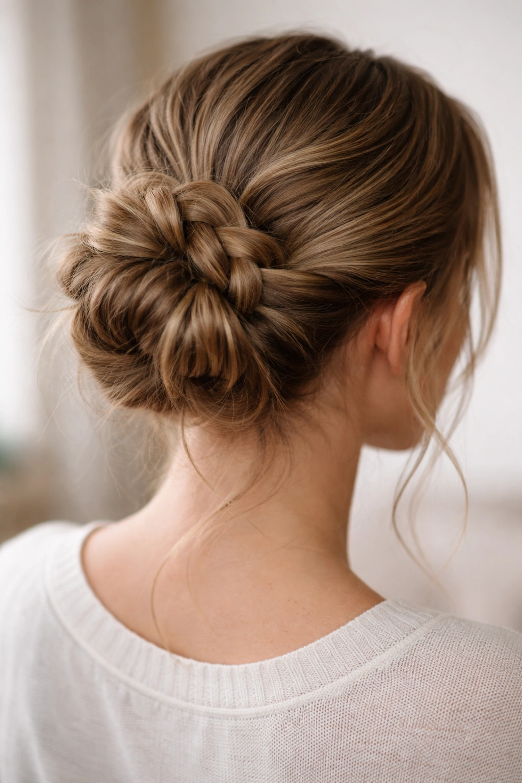 Braided wrap bun formed from a loose three-strand braid wrapped into a bun