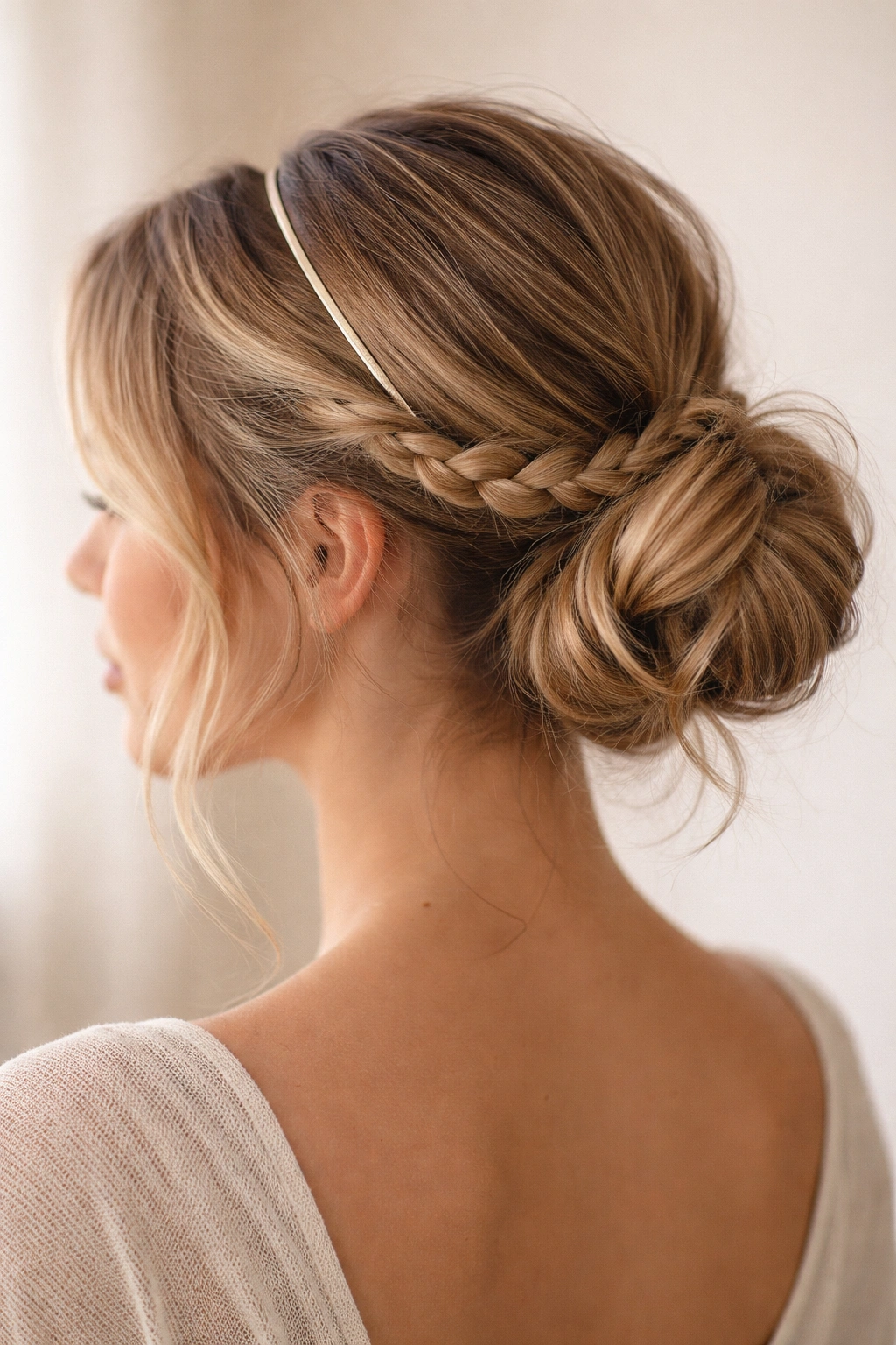 Close-up of a low braided wrap bun with a minimalist headband