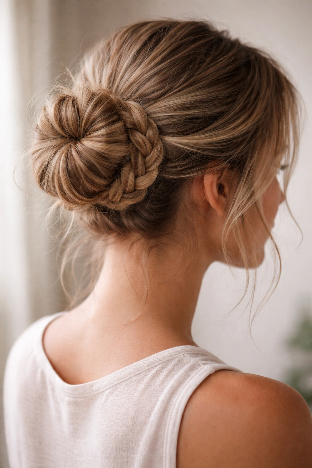 Braided wrap around base of bun for texture